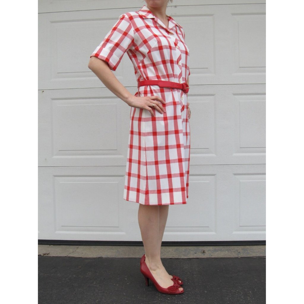 1960s Large Red Gingham Print Picnic Dress